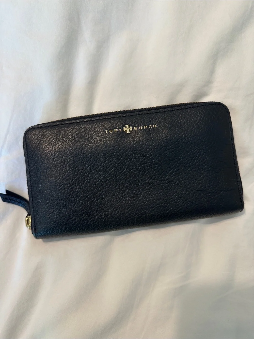 Tory Burch Black Pebbled Leather Zip-Around Wallet with Gold Logo